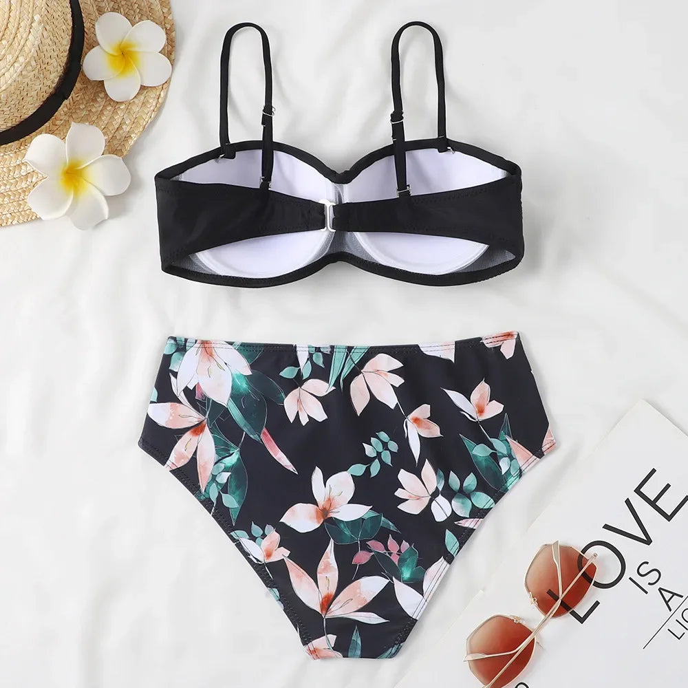 Print Bandeau Bikini Swimsuit Women Push Up Bikini Set Swimwear Female High Waisted Bathing Suit Beach Wear Brazilian Biquini