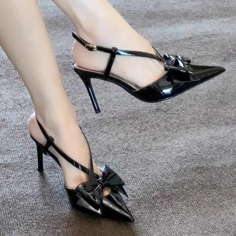 New French Beautiful Pointed Toe One Strap Stiletto High Heel Shoes Women's Bow Knot Hollow Wrapped Toe Sandals