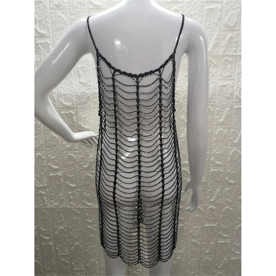 Luxury Bling Diamond Rhinestones Hollow Out Tunic Beach Cover Up Cover-ups Beach Dress Beach Wear Beachwear Female Women V4747SW