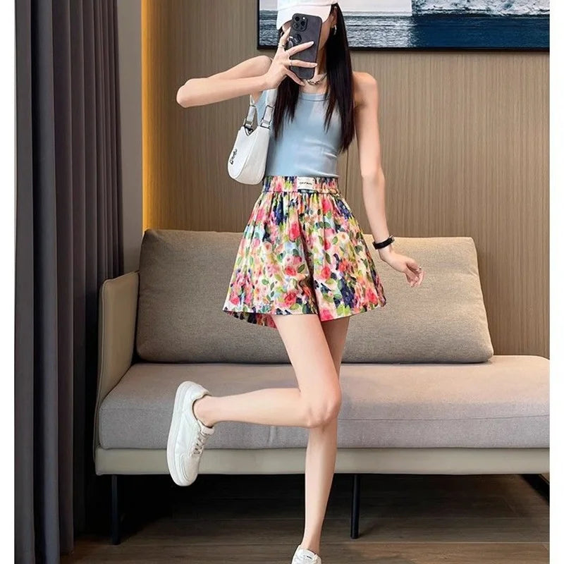Summer Oil Painting Floral Shorts for Women Casual Wide Leg Shorts Large Siz Loose Floral Print Shorts Elastic Band Casual Pants