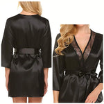 Women Sexy Lace Satin Robe Sleepwear Short Nightgown Kimono Bathrobe Lingerie Nighty Dress Soft Comfortable Black Plus Size