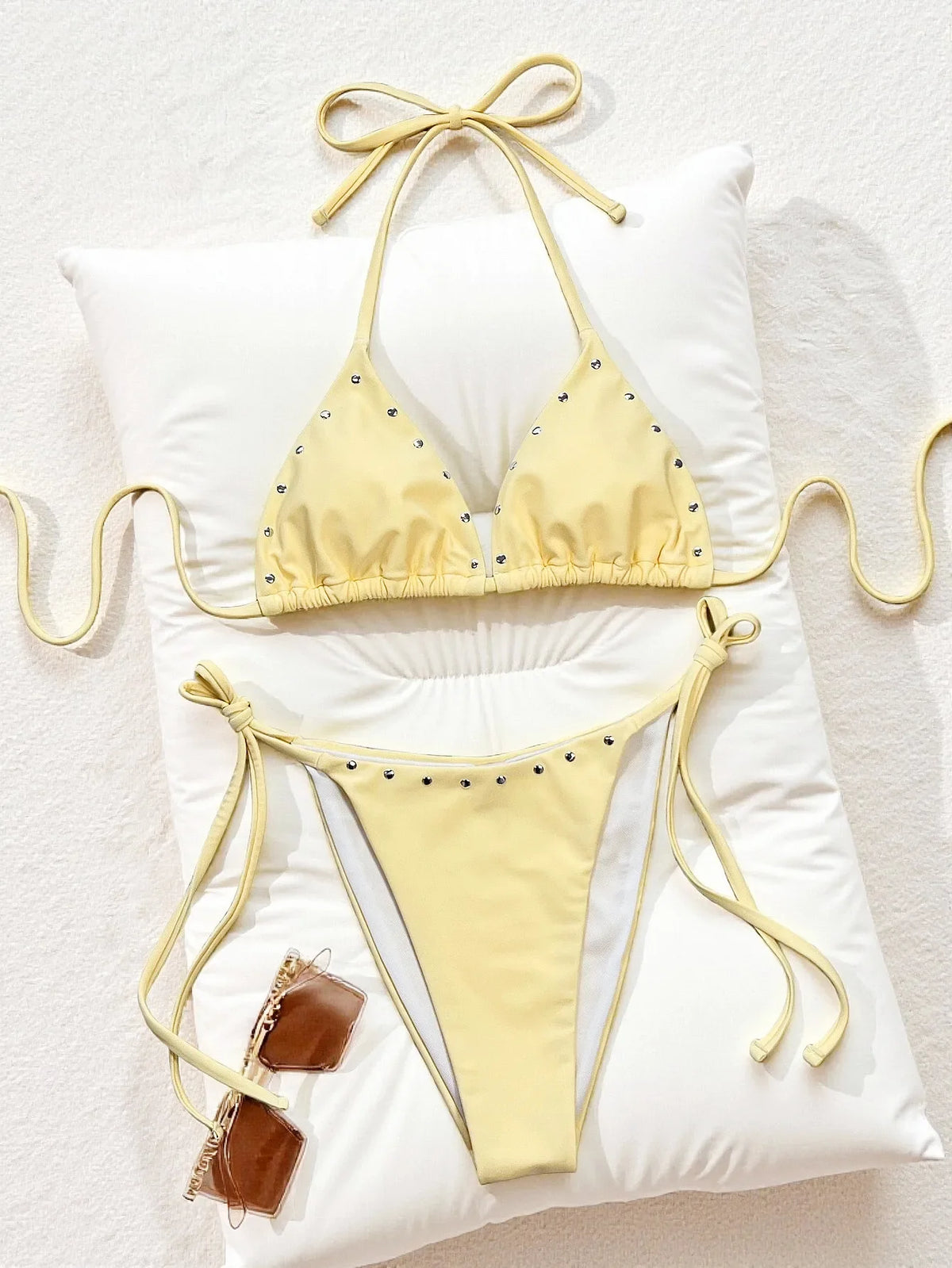 Sexy Triangle Micro Bikini 2026 Women Yellow Halter Metal Button Push Up Bra Two Piece Swimwear Bathing Suit Holiday Swimsuit