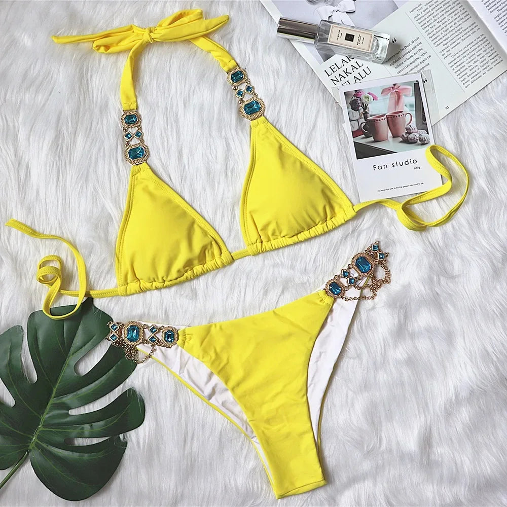 8 Colors Sexy Bikini Women Swimwear Swimsuit Shiny Crystal Diamond Chain Bathing Suit Beach Bikinis Set Female Push Up Biquinis