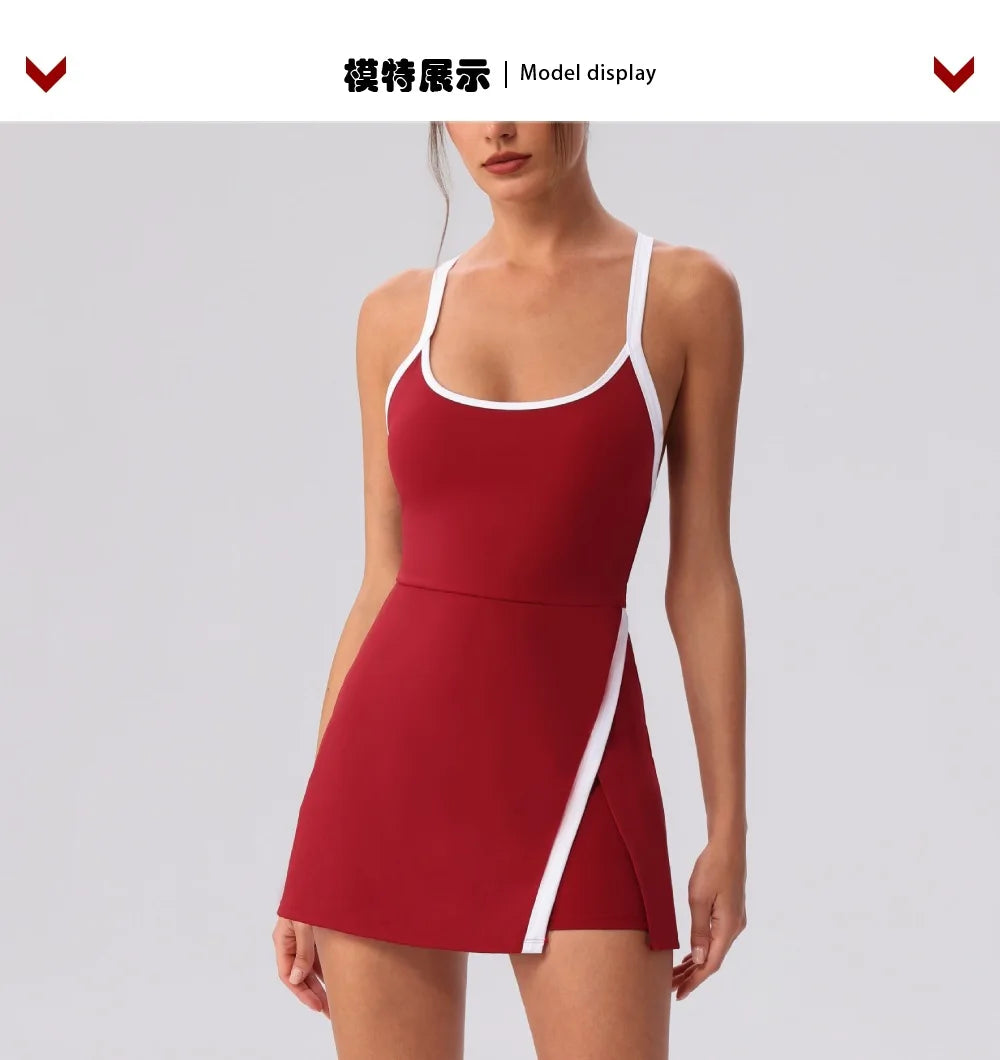 Color Contrast Tennis Dresses Women Beautiful Back Hollow Back Cross Split Skirt Pocket Sports Fitness One-piece Yoga Golf Suit