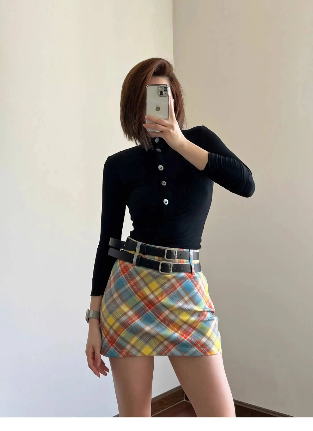 Plaid Double Waistband A-line Short SkirtWomen American Style Street High Waist Casual Collision Color Wrap Hip Skirt OJR7