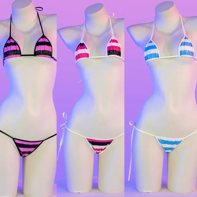 Summer PU Leather Micro Bra Bikini Set Swimsuit Stripes Bright Anime Swimwear Women Erotic Underwear Sexy Lingerie Costume