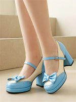 Plus Size 32-48 Sweet Lolita Patent Leather Mary Jane Shoes Women Gothic Square Toe Bow Tie Platform Chunky Heels Brogue Pumps