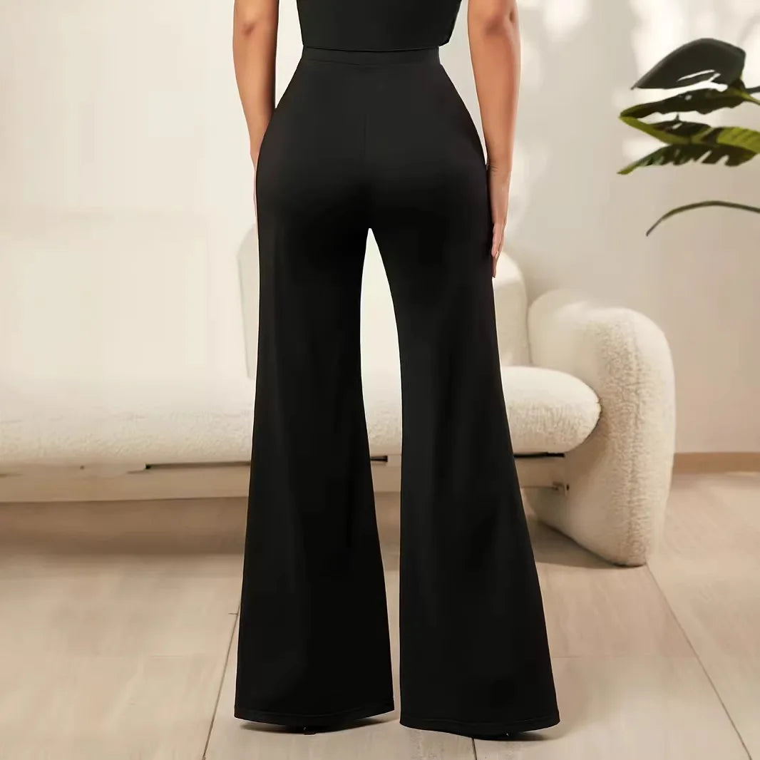 2026 Women's Solid Color Lace Spliced Flare Pants Trousers