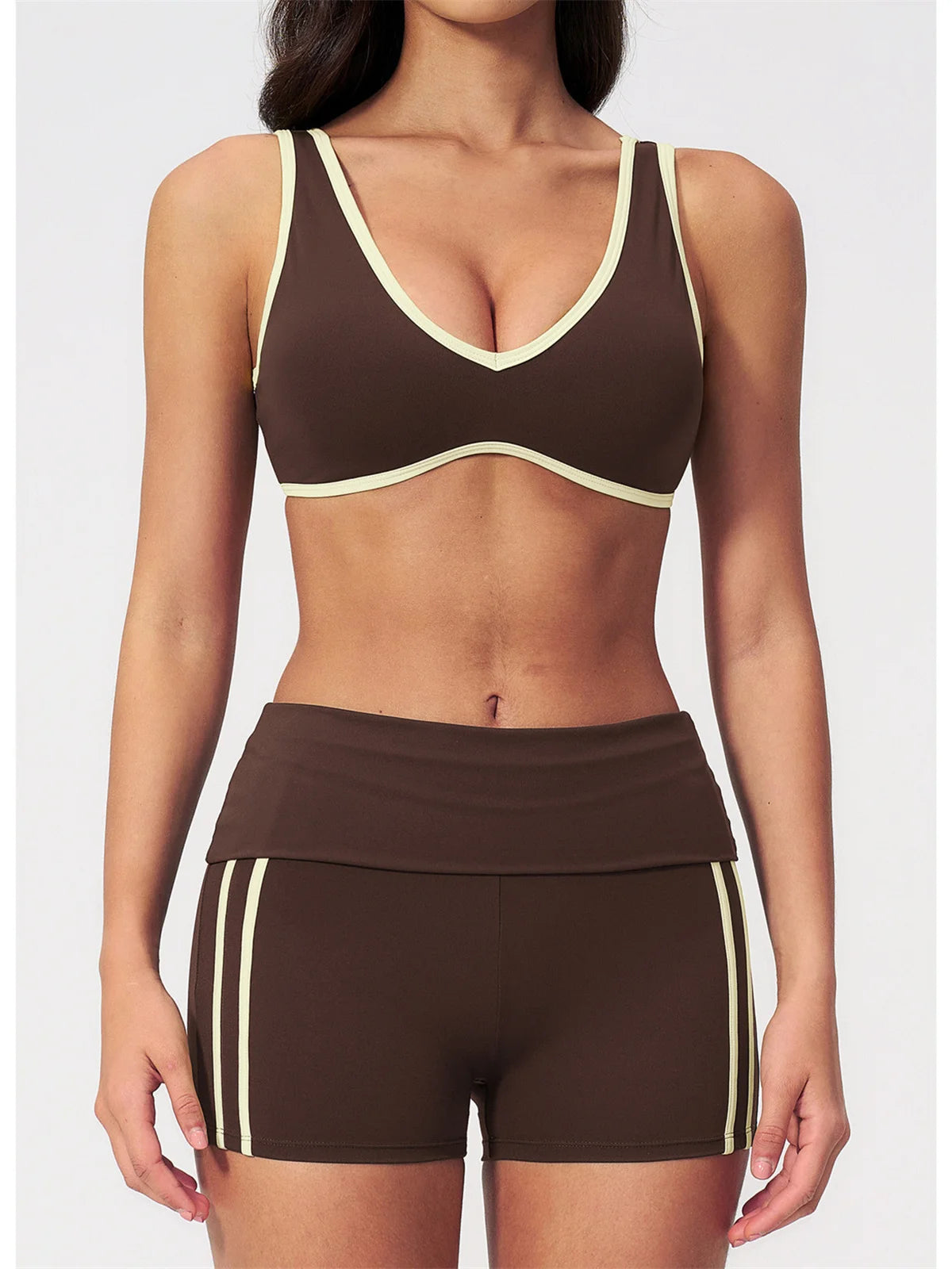 Tight Color Contrast Yoga Suit 2 Pieces Women V Neck Sports Bra Pleate High Waist Shorts Gym Running Fitness Suits Tracksuit
