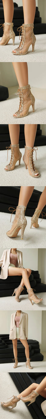 Plus Size 48 Sexy Black Sequined Summer Boots Peep Toe Cross-tied Ankle Boots Zipper Silver Thin High Heels Boots Party Shoe