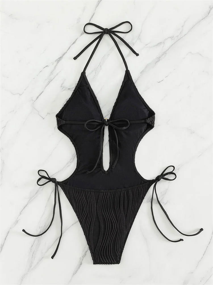 One Piece Swimsuit for Women 2024 Lace Patchwork Green Hollow Out Thong Swimwear Beach Bathing Suit Tie Side Backless Monokini