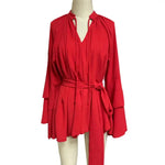 Mini Dress with Belt Summer Ruffle Long Sleeve Dress for Women Casual V Neck A-line Swing Dresses Irregular Vacation Dress