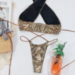 Snake Skin Mini Micro Thong Bikini Women Swimwear Female Swimsuit Two Pieces Bikini Set Halter Wrap Around Bathing Suit Swim