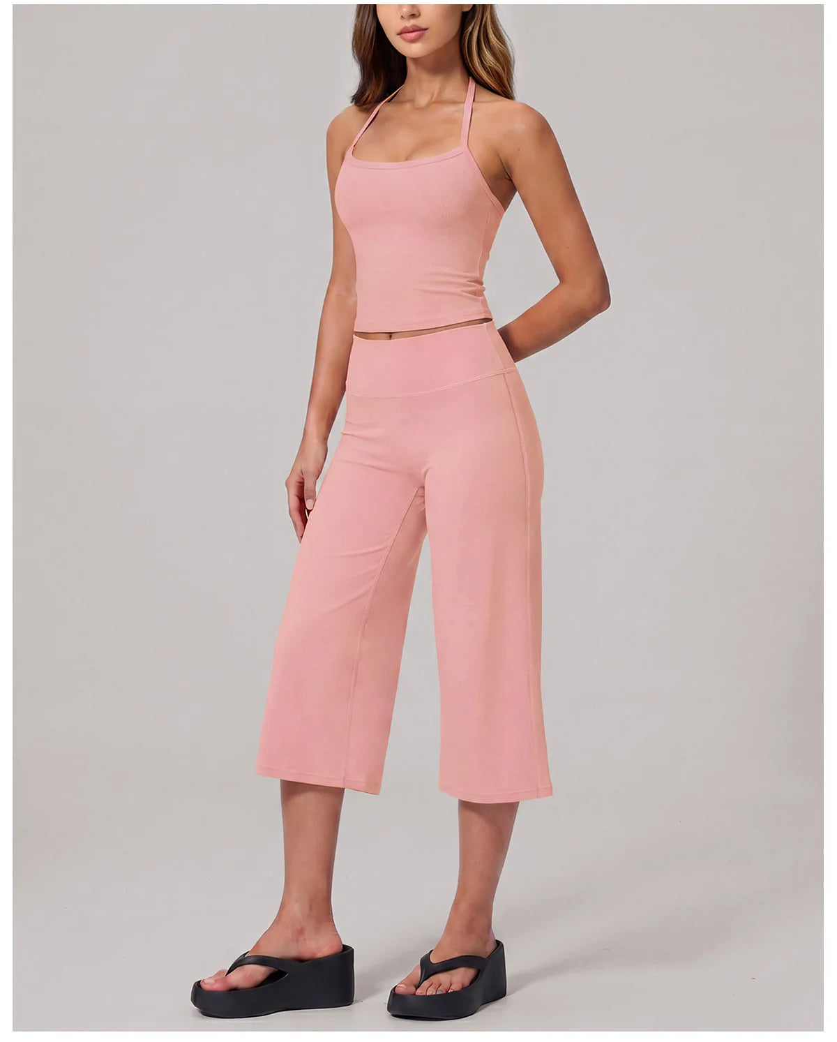 Hanging Neck Camisole Yoga Sets Women Nude Hollow Back Cross Slim Sports Tank Top High Waist Wide Leg Capri Pants Fitness Suits