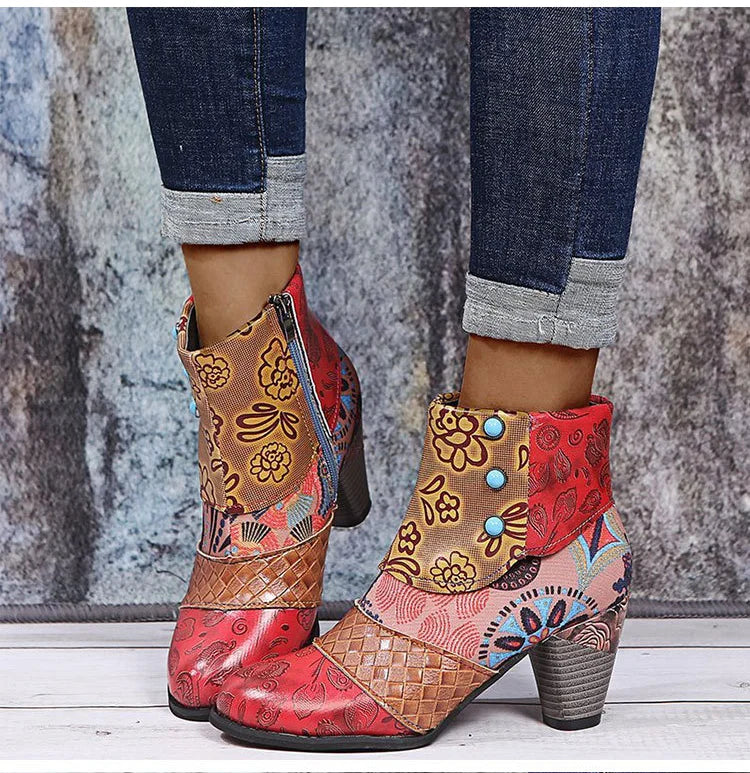 Ankle Boots Women Autumn PU Women's Shoes Ethnic Waterproof Casual Vintage Shoes Zipper High Heel Short Boots Botas Mujer