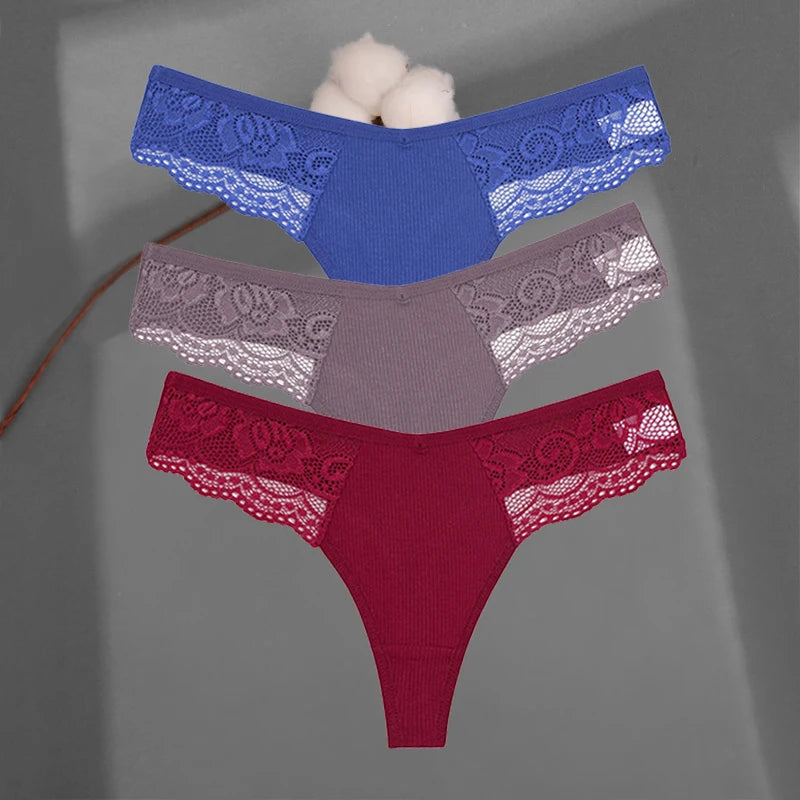 3Pcs/set Cotton Thongs Lace Bikini Underpants Women S-XL T-Back Underwear Ladies G-string Soft Thong Panties Female Lingerie New