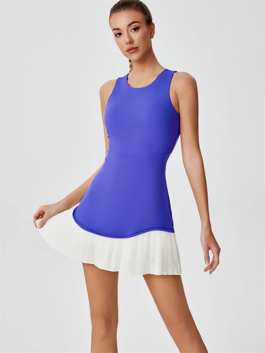 Women One-piece Tennis Dress Summer Black Contrast Pleated Anti Light Speed Dry Sports Dresses Hollowed Out Back Yoga Clothes