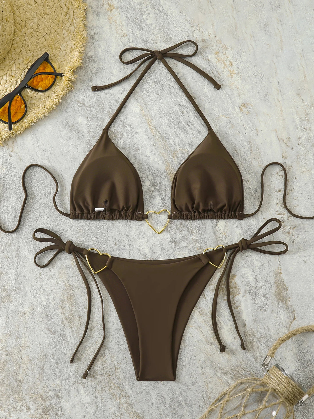Triangle Halter String Thong Bikinis 2026 Women Sexy Swimsuit Solid Heart Swimwear Female Bathers Bathing Swimming Swim Suit