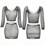 1 Set Women Long Sleeve See-Through Fishnet Cover Up Hollow Out Tassel Bodycon Beachwear Dress