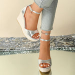 EUR Size 43 Leisure Espadrille Wedge Sandals Women Summer Chunky High Heels Shoes Silver White Platform Ankle Strap Sandals