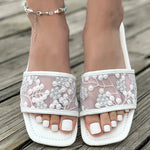 Retro Embroider Low Heel Slippers Women Summer Square Toe Slip On Slides Woman New Anti-Slip Beach Pu Leather Slippers Mujer