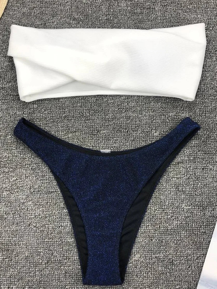 Sexy Sparkling Shiny Ribbed Bandeau Bikini 2025 Women Swimsuit Female Swimwear Two piece Bikini Set Triangle Bathing suit Swim