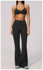 Summer Fitness Suit Women Seamless Hanging Neck Pleate Sports Bra Yoga Sets High Waist Wide Leg Leggings Running Athletic Wear