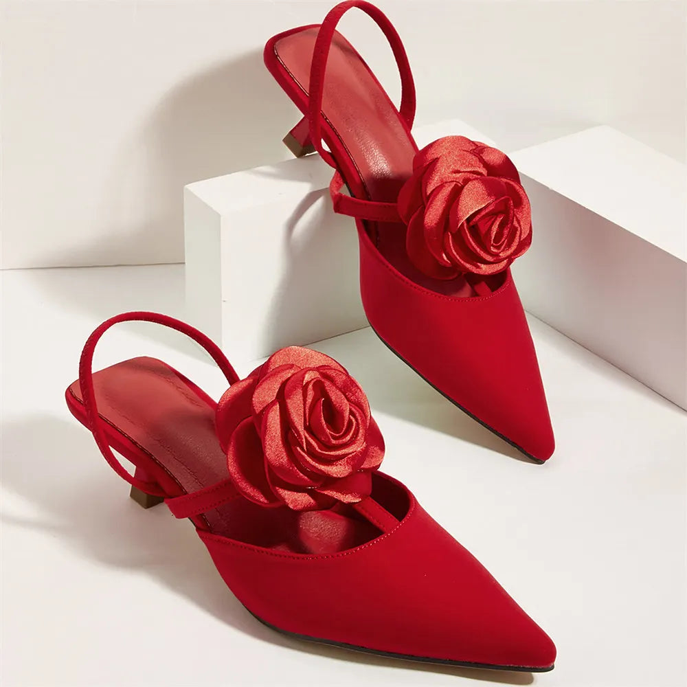 2025 Large Size 43 Summer Women's Pointy Toe Kitten Heels Slingback Pumps Elegant Satin Sandal Rose Flower Office Lady Shoes