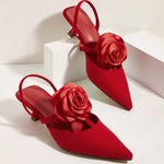 2025 Large Size 43 Summer Women's Pointy Toe Kitten Heels Slingback Pumps Elegant Satin Sandal Rose Flower Office Lady Shoes