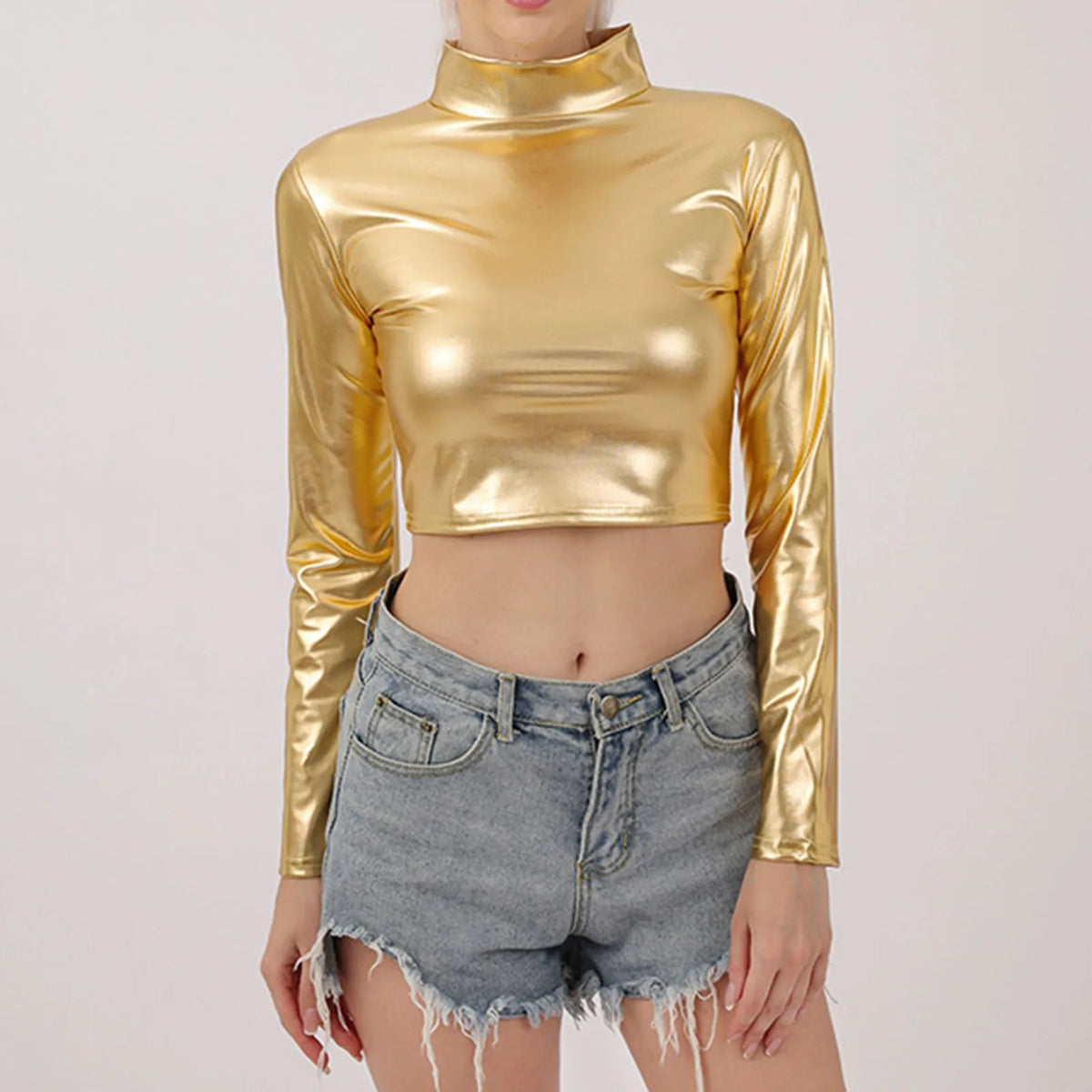 Women Metallic Long Sleeve Crop Tops Shiny Stretch Mock Neck T Shirt Dance Clubwear Ladies Slim Fit Blouses Gold Silver Costumes