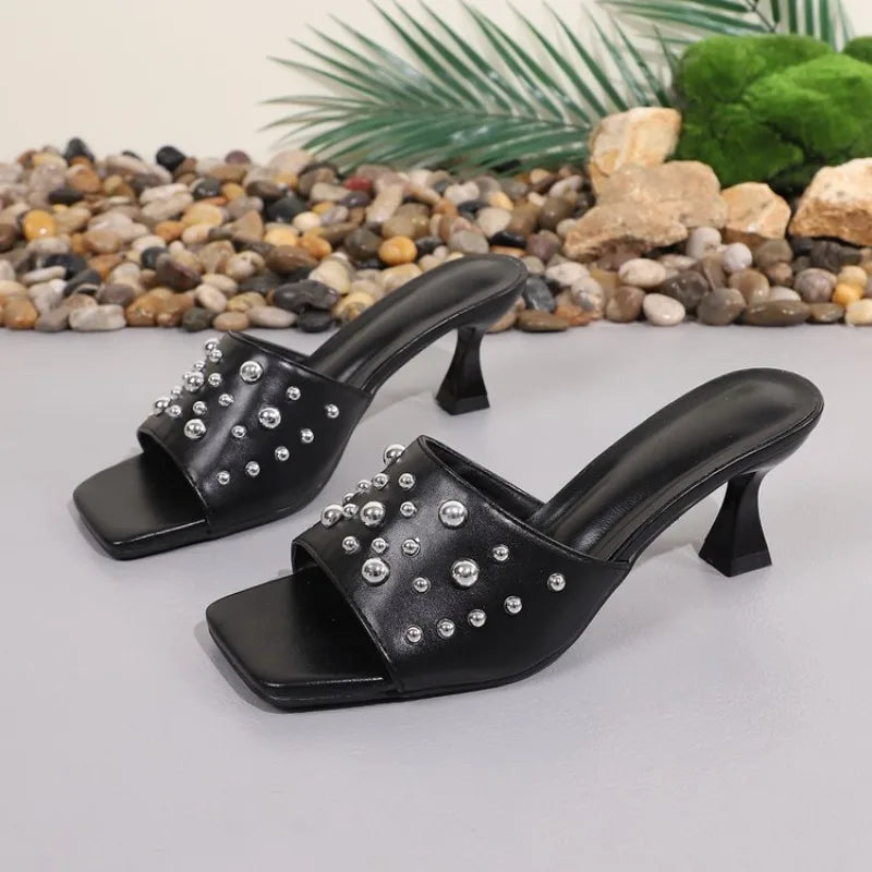 Sexy Square Head Mule High Heels Women Slipper Fashion Slip on Slides Summer Party Stripper Sandal Shoes
