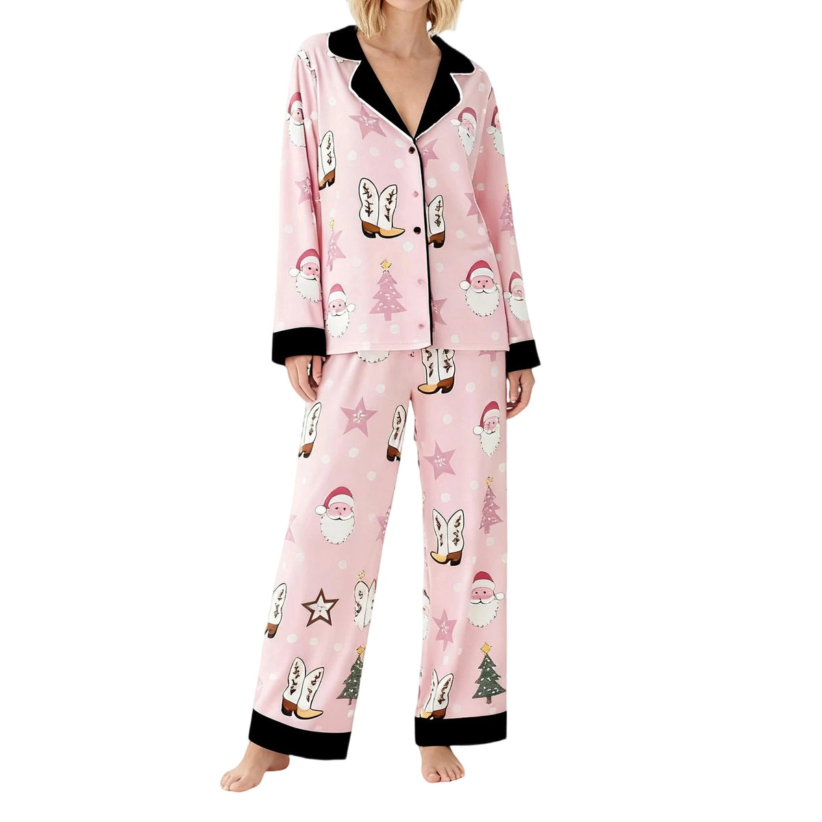 Women's Christmas Pajamas Set Long Sleeve V Neck Stocking Tree Print Tops and Pants Lounge Wear Two Pieces Suits