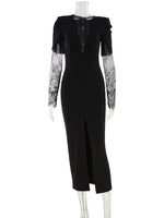 Ahagaga Eelgant Lace Women's Dress Patchwork Long Sleeves Autumn Party Slim Fit Sheath Velvet Sexy Split Trend Female Vestidos