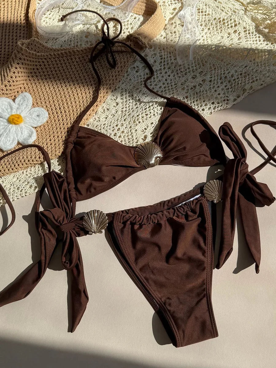 Metal Shell Halter Strappy High Cut Bikini Female Swimsuit Women Swimwear Two-pieces Bikini Set Bather Bathing Suit Swim Lady
