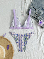 2026 New Purple Flower Print Swimsuit for Women Elastic Belt Strappy Swimwear Bathing Suit Low Waist Sexy Bikini Set Beachwear