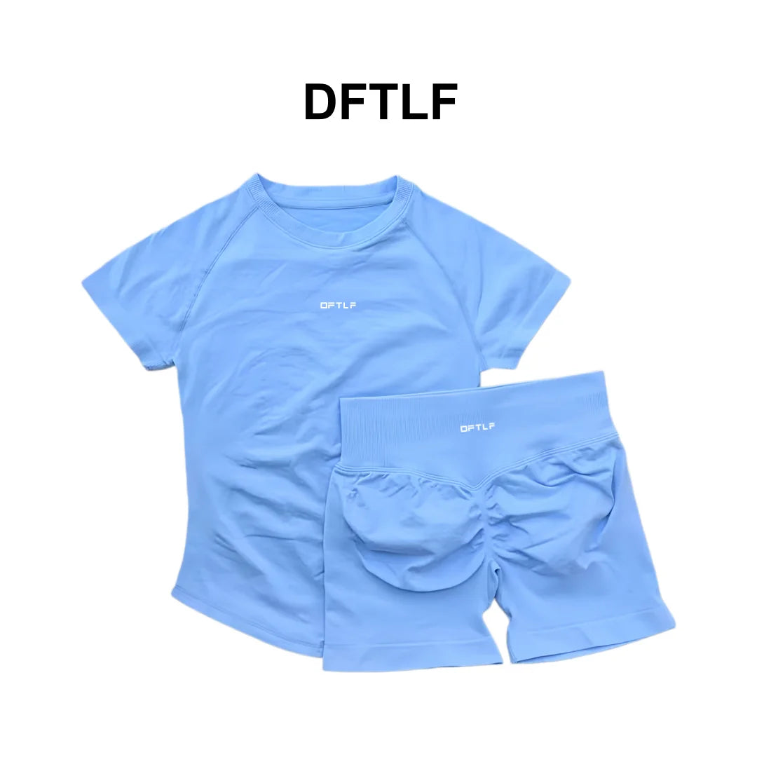 DFTLFWomen 2PCS Seamless Yoga Suit Short Sleeve Top High Waist Shorts Quick Dry Breathable Gym Fitness Running Workout Sport