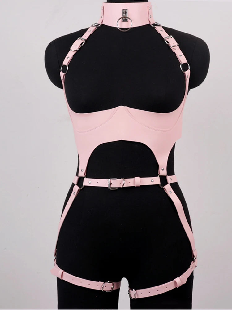 PU Leather Bondage Women Harness Outfit Adjustable Strappy Costume with Buckle Belt Thigh Straps Gothic Halloween Costume Set