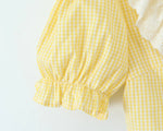 Foridol Gingham Printed Yellow Women Summer Dress Set Lace Top+skirt Sets Vintage French Style Midi Dress Oufits Plaid Vestidos