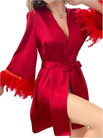 Women Robe Satin Vestidos De Novia Short Kimono Summer New Party Sleepwear Lady Sexy Feather Trim Home Clothing Bathrobe Gown