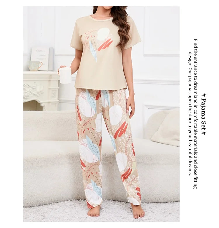 3-Piece Heart Print Pajama Women Sleepwear Home Clothes Short Sleeve Top with Shorts & Long Pants Pajamas Loungewear Short Suit