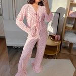Women European Autumn Winter Knit Pajama Set Hollow Print Tie Top Ruffle Long Pants Two Piece Ladies Homewear Sleepwear