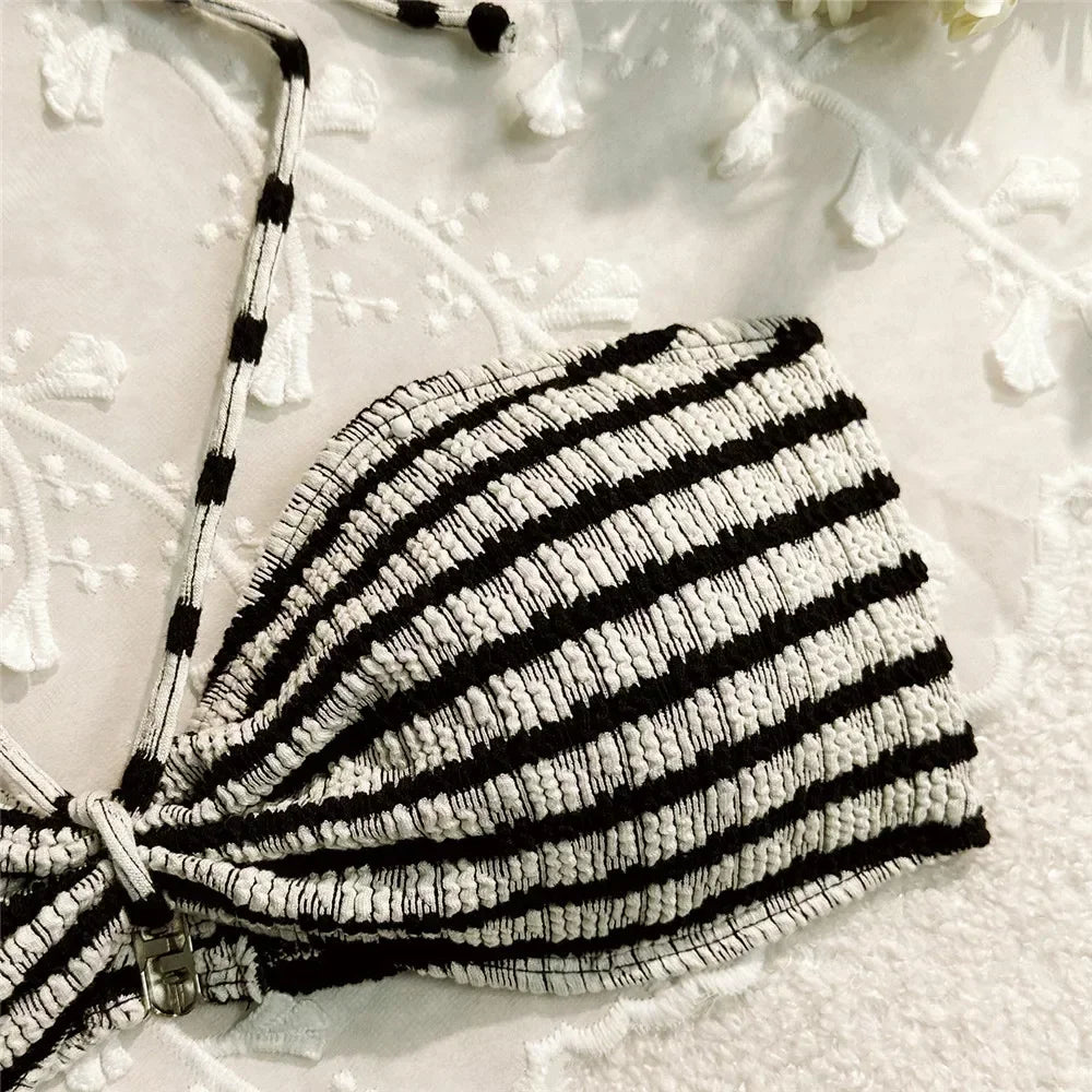 Striped Print String Halter Bandeau Bikinis Sets 2026 Sexy Swimsuit Women Ruched Swimwear Bathing Suit Brazilian Bikini Mujer