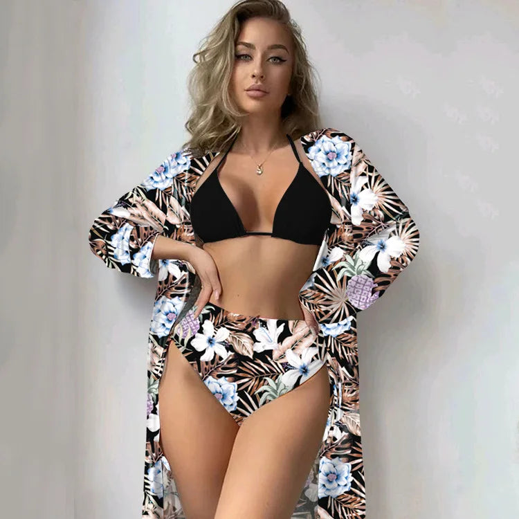 Fashionable Bikini Cover Up Three Piece Set Women Swimsuit Net Shirt High Elasticity Polyester Fabric with Chest Pad Bikinis Set