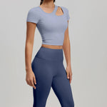 2 Pieces Women Tracksuit Yoga Set Spring Summer Short Sleeve Hollow Out Slim Sports Top High Waist Leggings Running Fitness Suit