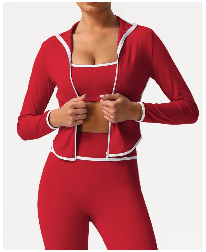 Women's Yoga Top Color-Block Zipper Stand Collar Bare Jacket Autumn Winter Outerwear Running Fitness Long Sleeve Coat