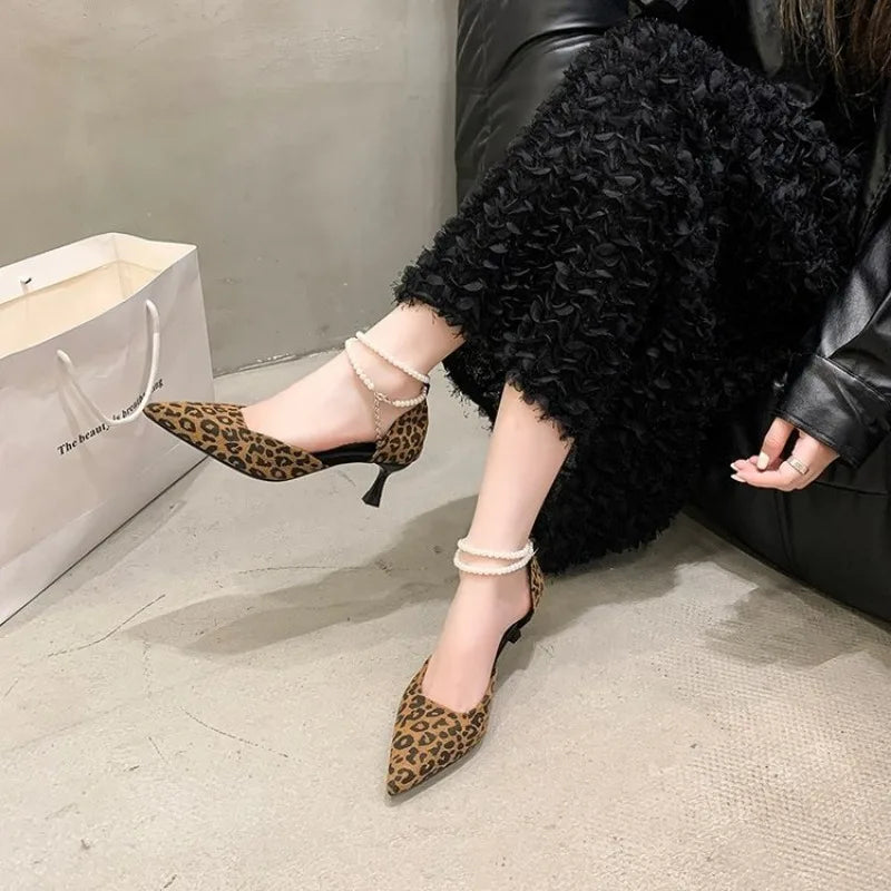 Baotou sandals for women's 2026 summer new shallow mouthed western-style leopard print high heels, metal pointed women's shoes