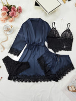 New Fashion Robe Lingerie Set Black Lace Bralette Thong Shorts Women's Luxury Sleepwear Nightwear Elegant Sexy Gift Bridal