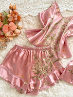 New Women Satin Pajama Set Cherry Print V Neck Top Ruffle Shorts Versatile Outfit Wearable Outside Elegant Sleepwear