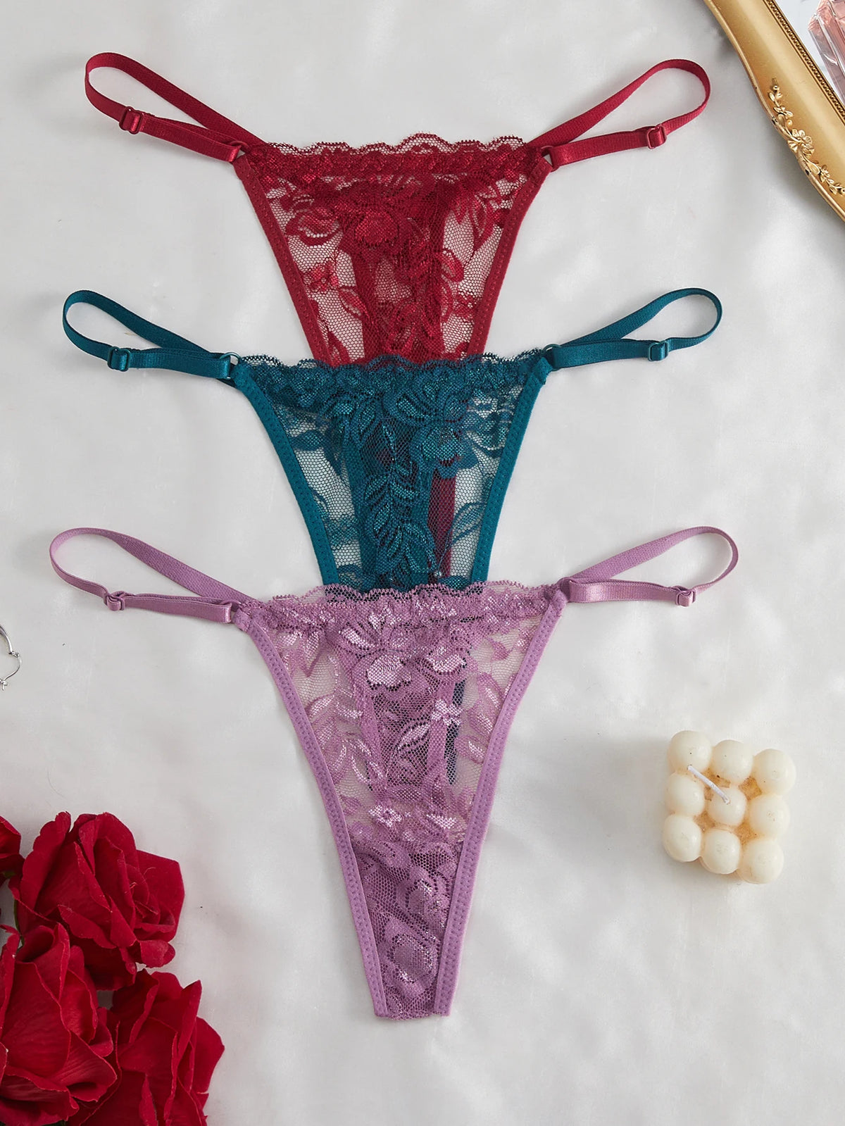 3-Pack Sexy Lace Women's Panties Adjustable Waistband Semi-Transparent Sexy Floral Lace Women's Sexy Lingerie Underwear
