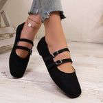 Women Suede Square Toe Double Strap Mary Jane Flats Buckle Slip‑On Soft Flat Shoes Large Size Casual Office Ladies Shoes